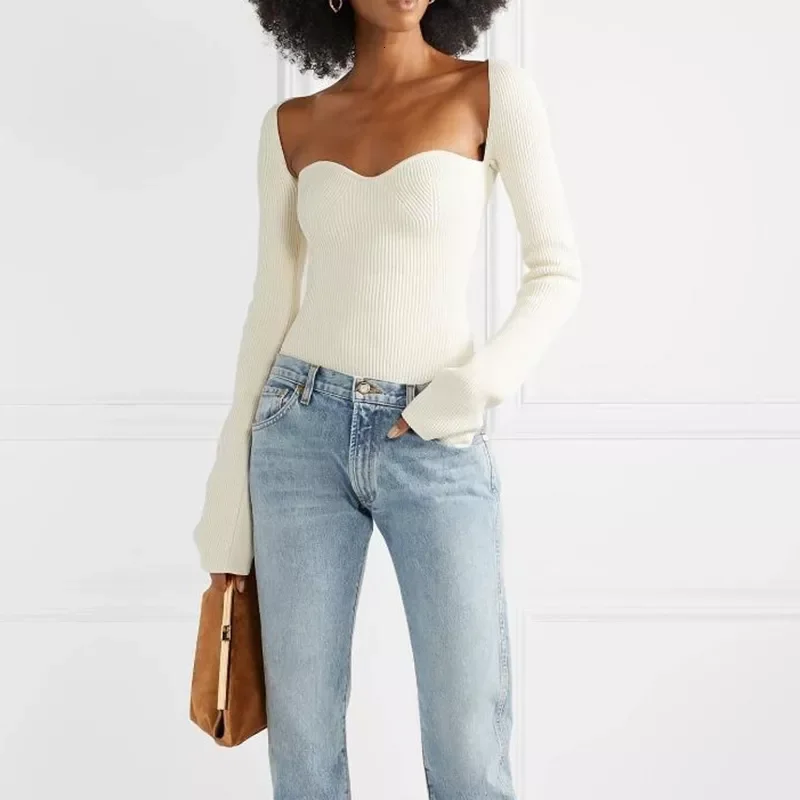 

2022 White Side Split Knitted Women's Sweater Square Collar Long Sleeve Sweaters Female Autumn Fashion New Clothes 2022