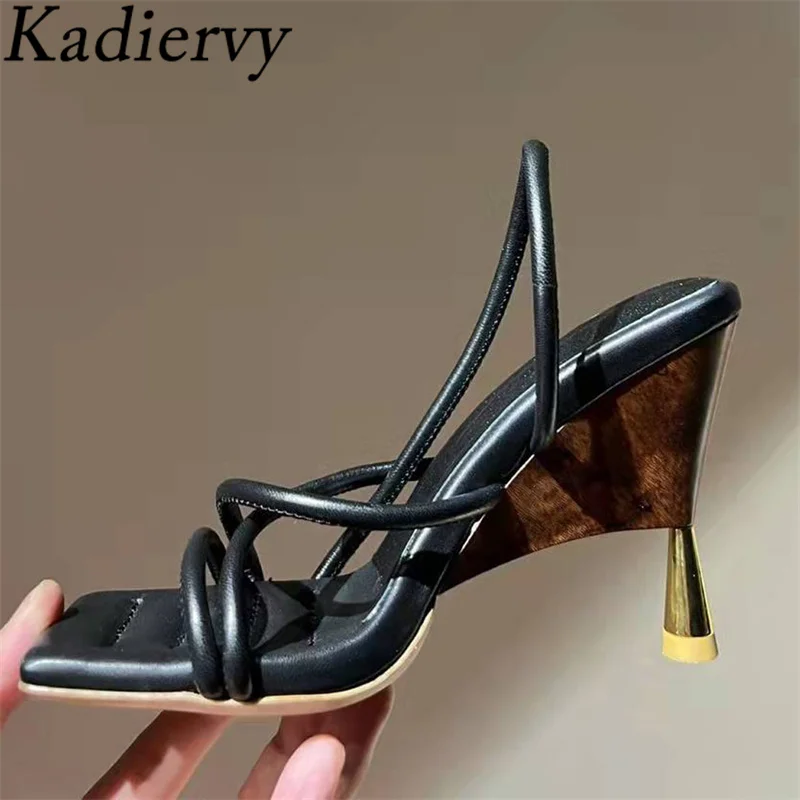 

Summer High Heels Sandals Woman Genuine Leather Narrow Band Sandalias Strange Style Heel Runway Shoes Woman Femmes Sandales