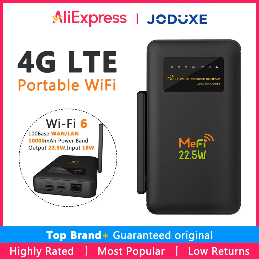 Мобільний маршрутизатор JODUXE 4G LTE Портативний Wi-Fi6 Високошвидкісна точка доступу Кишеньковий Mifi із підтримкою діапазону живлення 10000 мАг VPN (PPTP/L2TP)