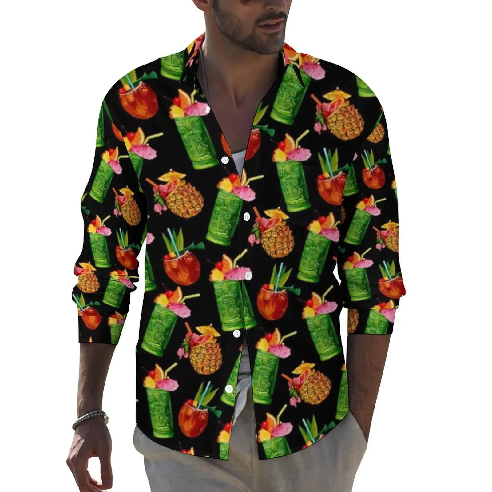 

Pineapple Aesthetic Casual Shirt Men Tiki Cocktail Pattern Shirt Autumn Loose Blouses Long Sleeve Custom Oversize Clothing