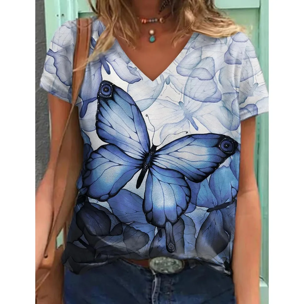 

Fashion Butterfly 3D Print T-shirts Kawaii Women Streetwear V-Neck T Shirt Oversized Y2k Harajuku Tops Tees Woman Girls Clothing