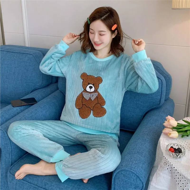Women's Winter Warm Flannel Pajamas Set Korean Elegant Loose Cute Cartoon Sleepwear Home Clothes Two-piece Suit Femlae Pijama