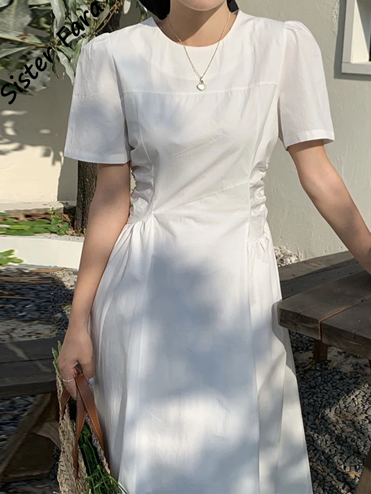 

Sister Fara Solid O-Neck Elegant Dresses for Women's Summer High Waist Folds Short Sleeve Dress Female Casual Loose Mid Dresses