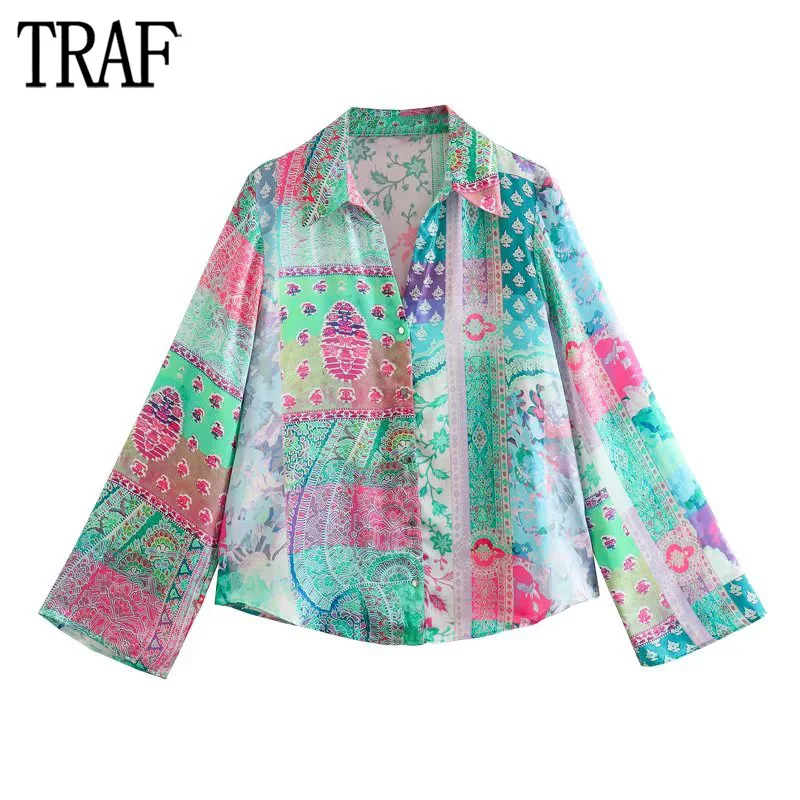 

TRAF Print Women Shirts Boho Button Up Shirt Women Summer Collared Shirts and Blouses for Women Long Sleeve Flowing Top Female