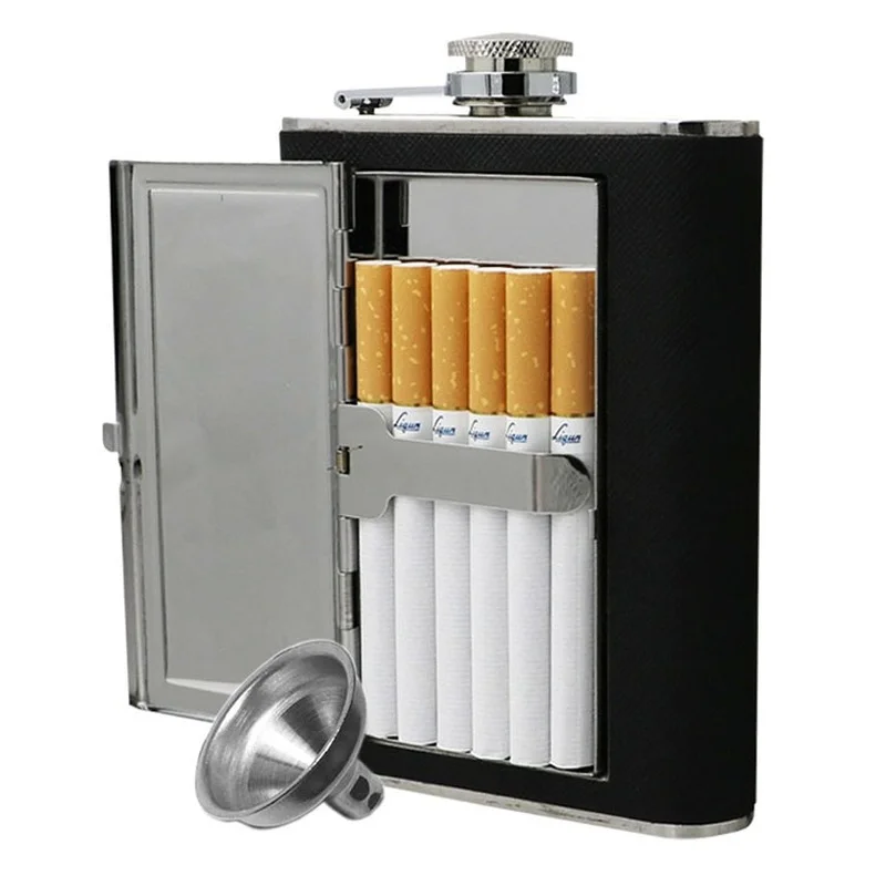 Creative Cigarettes Case 6oz 5oz stainless steel hip flask whiskey liquor bottle Black PU Leather with Funnel Home Outdoor Sport | Дом и сад