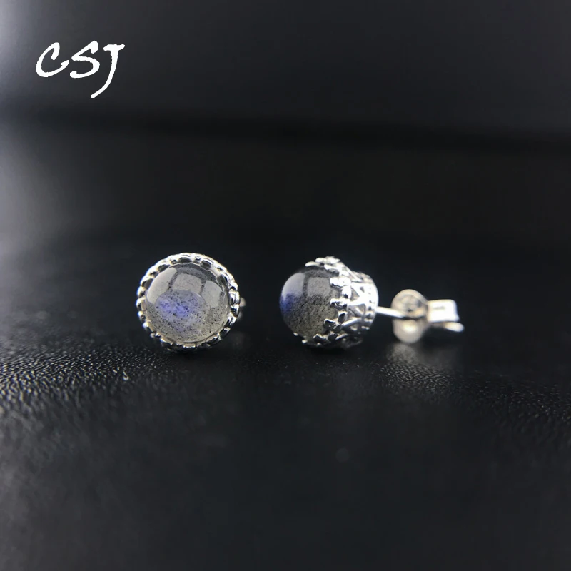 

CSJ Simple Natural Labradorite Earring Sterling 925 Silver Aquamarine Malachite Kyanite Moonstone for Women Wedding Party Gift