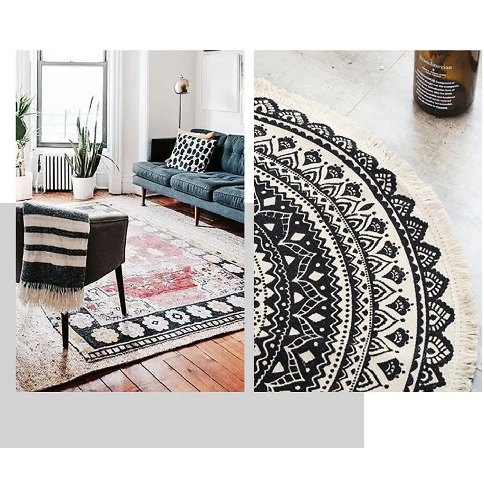 Круглый ковер в богемном стиле винтажный напольный коврик из хлопка и льна с