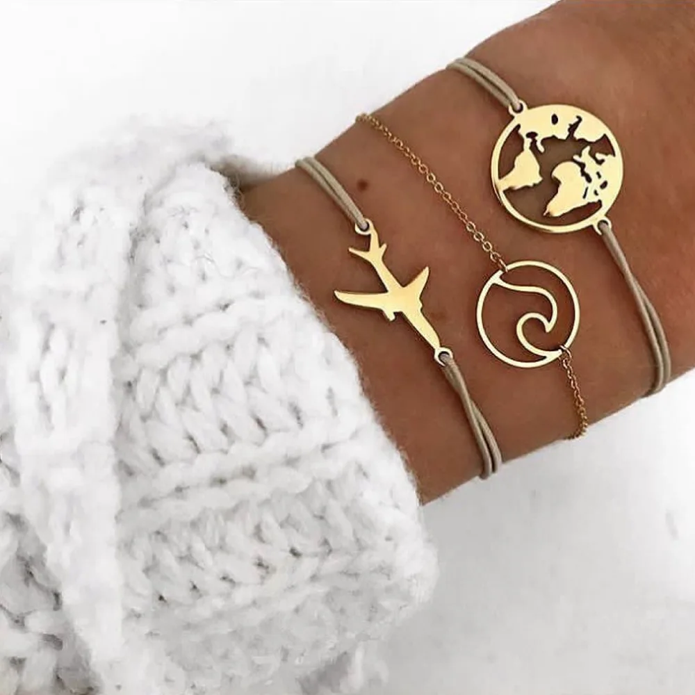 

Jewelry World Map Bracelet Ocean Wave Creative Airplane Three-piece Women's