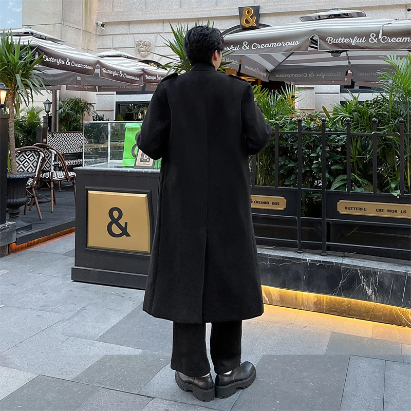 Мужское шерстяное пальто PFHQ на осень и зиму Длинная ветровка толстая 2024 темная
