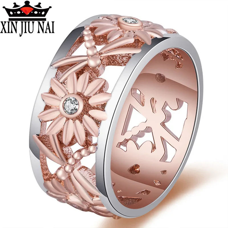 

Female Christmas Ring Rose Gold Classic Bronze Hollow Sunflower/Chrysanthemum Broadband Female Finger Ring Leisure Style
