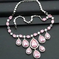 luxurious long water drop pink crystal zirconia 925 silver for women wedding jewelry necklace with pendant