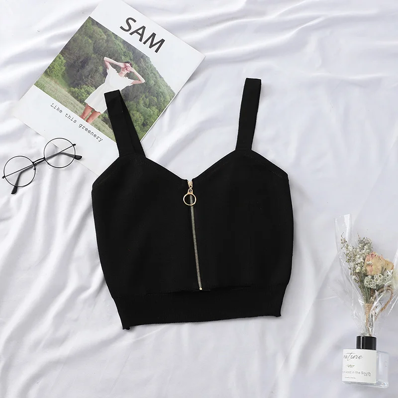 

2022 Solid Crop Top Women Summer Y2K Tops Women Zipper Fly Camisoles Knitted Sexy Tops With Hole Female Crop Top
