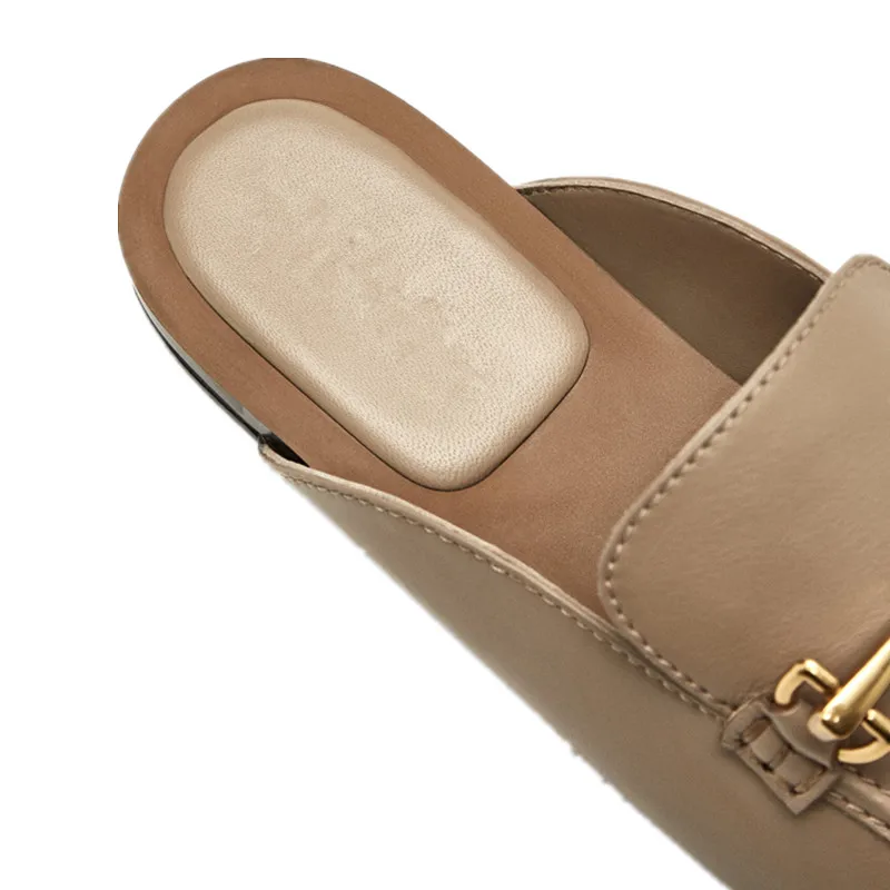 Elmsk Shoes Women French Style Fashion Elegant Office Lady Geninue Leather Gold Buckle Retro Mule Shoes Casual Flat