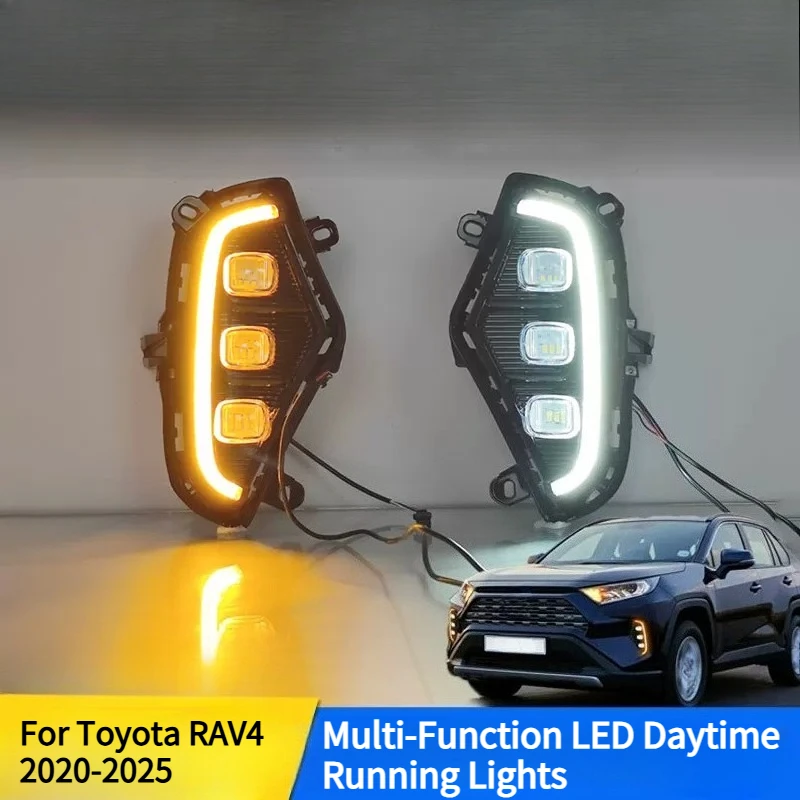 Фото Для Toyota RAV4 2020-2025: Светодиодные дневные ходовые огни (ДХО) с линзованными линзами, передние противотуманные фары, обновленная рамка, светодиодные ДХО с желтым сигналом поворота №2