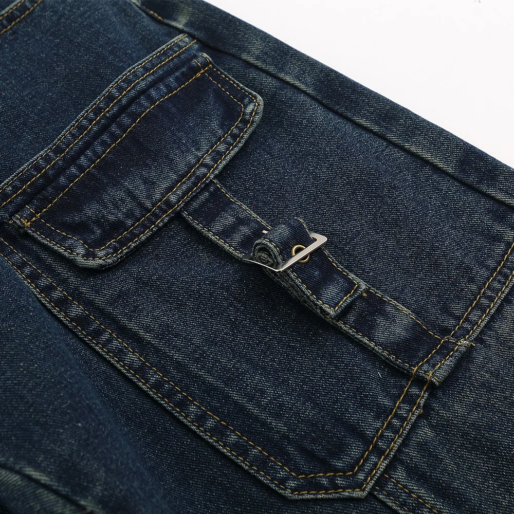 Streetwear American Multi Pocket Work Clothes Washing Jeans Men Loose Wide Leg Pants Detachable Suspender Denim Trousers