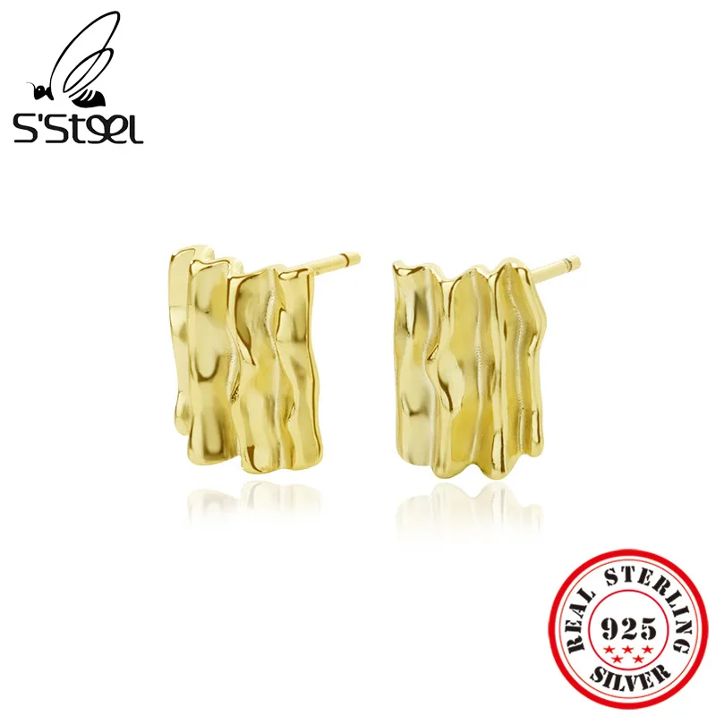 

S'STEEL 925 Sterling Silver Pleated Texture Small Earrings For Women Hypoallergenic Gold Earing Goth Ear Studs Designer Jewelry
