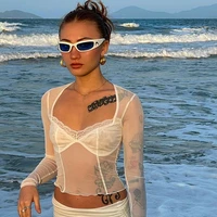 sexy sheer mesh patchwork lace long sleeve crop top summer beach vacation street y2k 90s aesthetics t shirts sexy tanks