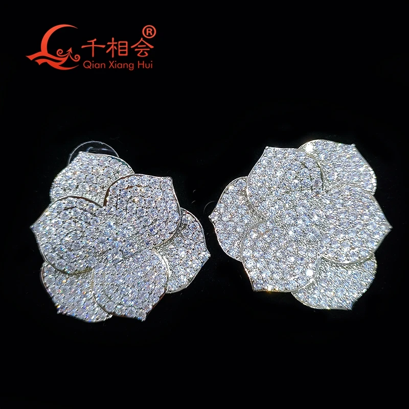 37*37mm big flat flowers S925 silver   earrings ear stud D vvs white moissanite stone Earring earrings jewelry woman gift