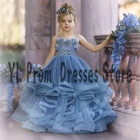 YL Luxury Blue 3D Flowers Appliques Flower Girl Dresses Tulle Puffy Baby Pageant Dress Princess Sweep Train Child Ball Gowns