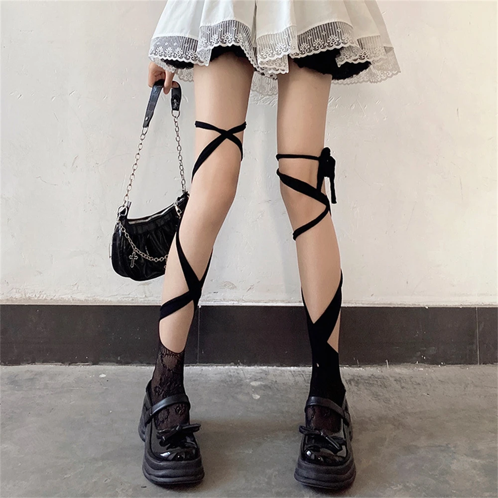 

Jk Tie Lace Fishnet Stockings Irregular Split-toe Calf Socks Women's Middle Tube Socks Straps Summer Sexy Long Japanese Socks