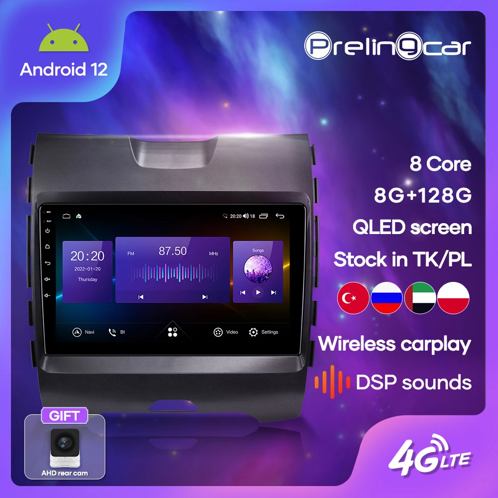 

Автомагнитола Prelingcar для Ford Edge, мультимедийная стерео-система на Android 12, без DVD, с GPS, видеоплеером, для Ford Edge 2015, 16, 17, 18, типоразмер 2 Din
