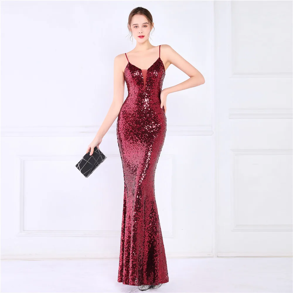 

Spaghetti Straps Women's Evening Dress Burgundy Sequin Mermaid Night Dresses Long Party Dress Special Occasion Dresses Gowns