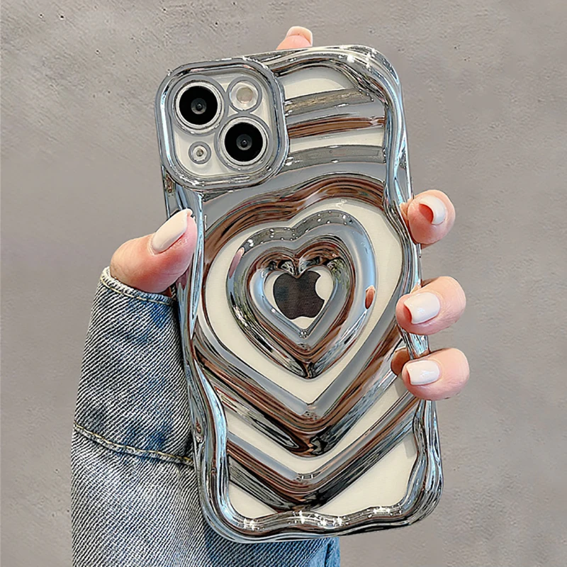 

Luxury Electroplated Silver Love Heart Clear Phone Case For iPhone 11 12 13 14 Pro Max Cases Glossy Silicone Shockproof Cover