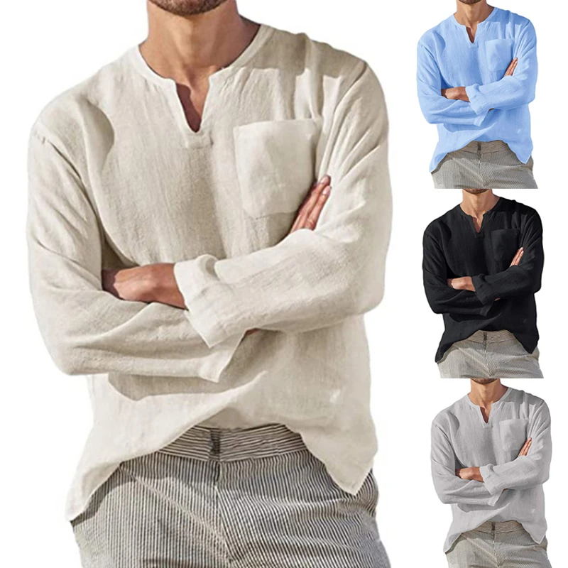

Men Casual Blouse Cotton Linen Shirt Long Sleeve Shirt Street Wear Solid Color Vintage Blouse Spring Autumn Handsome Men Shirts