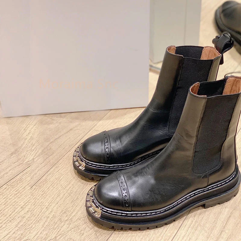 Thick Sole Ankle Boots for Women British Style Short Boots Round Toe Metal Decor Female Shoes Chelsea Boots Spring Autumn