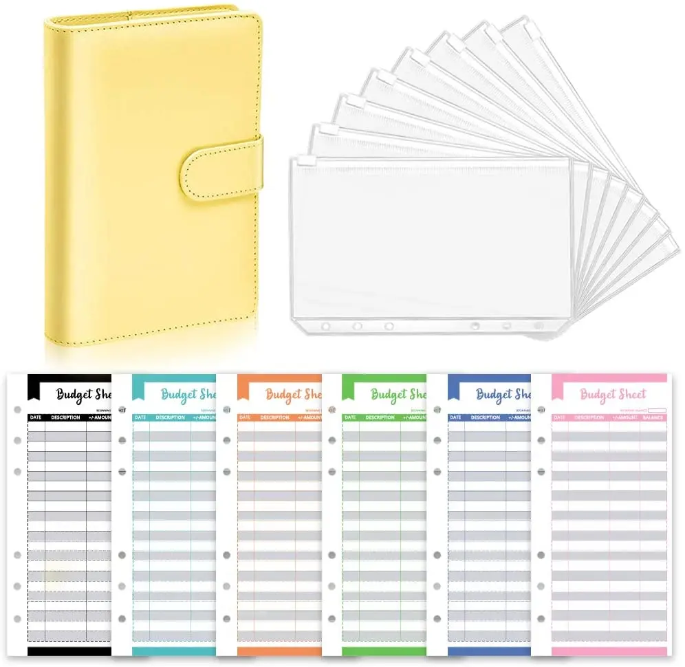 21Pcs A6 PU 6 Rings Refillable Notebook Cover with 8Pcs PVC Zipper Envelopes Pockets and 12Pcs  Budget Sheets for Bill Planner