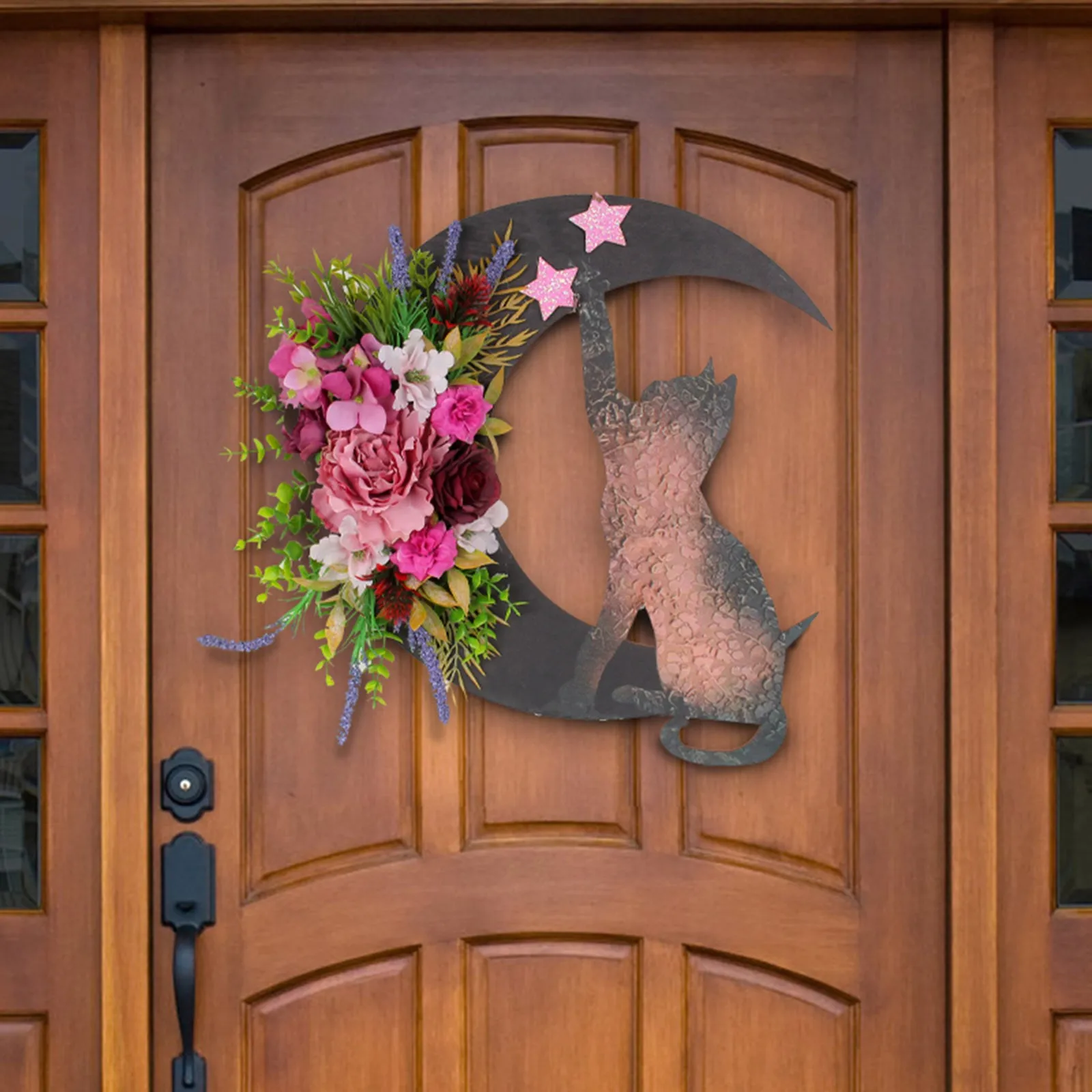 

Cat Wreath Plant Crescents With Purple Flowers And Stars Charming Celestial Door Hanger Halloween Moon Home Decor Wreath Fresh