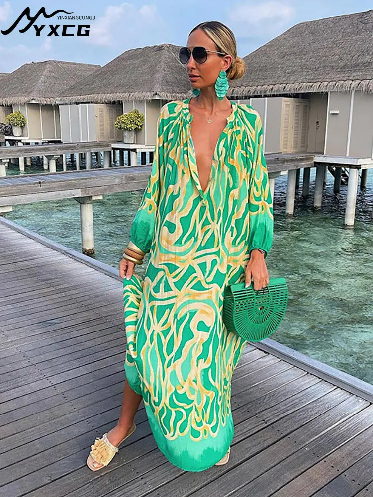 

Vintage Swimsuit Cover Up Women Beach Dress Kaftan Sexy Deep V-neck Bikini Cover-ups Dresses Summer 2023 Woman Clothes Robe