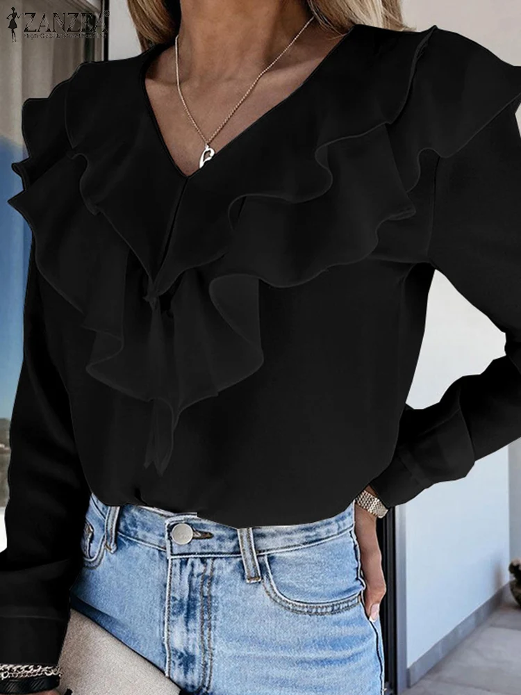 

ZANZEA Fashion Flounce Solid Work OL Blusas Spring Elegant Shirt Casual Loose Tunic Tops Women V Neck Long Sleeve Ruffles Blouse