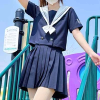 dark blue whale school girl uniform pleated skirts japanese school uniform high waist a line plaid skirt sexy jk woman full set