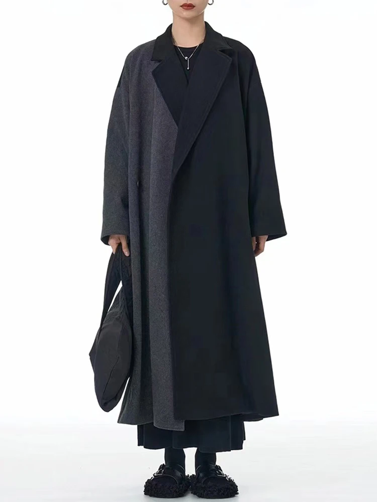 [EAM] Оранжевое длинное шерстяное пальто большого размера с цветными блоками новая