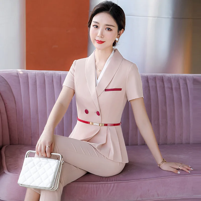 Office Blazer 2 Piece Hotel Front Desk Professional Wear High Quality Summer New Temperament Women Suit Slim Fit Cropped Pants