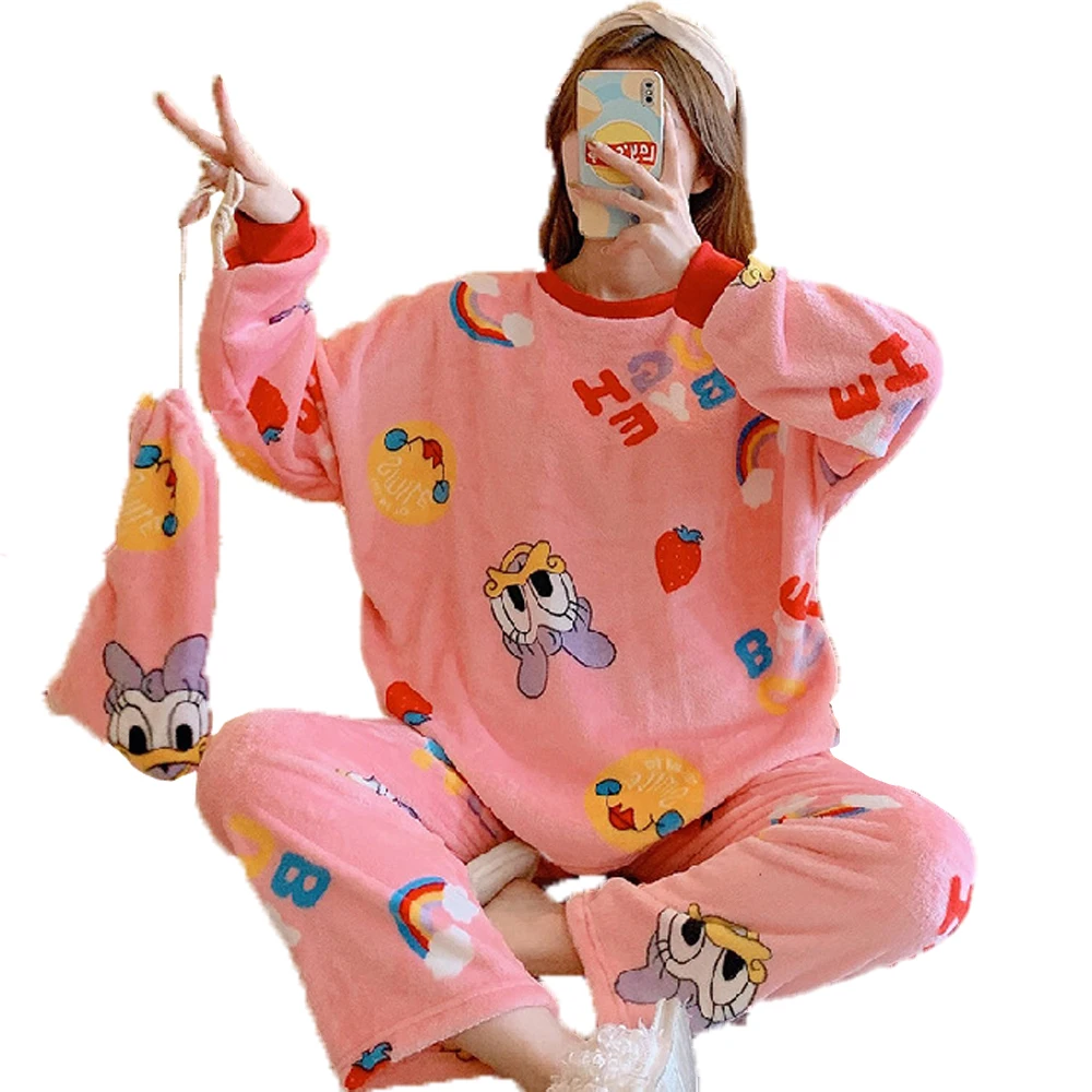 

2Pcs/set Disney Daisy Duck Pajamas Set Long Sleeve Trousers Oversized Anime Print Lovely Warm Sleepwear Women Plush Home Suits