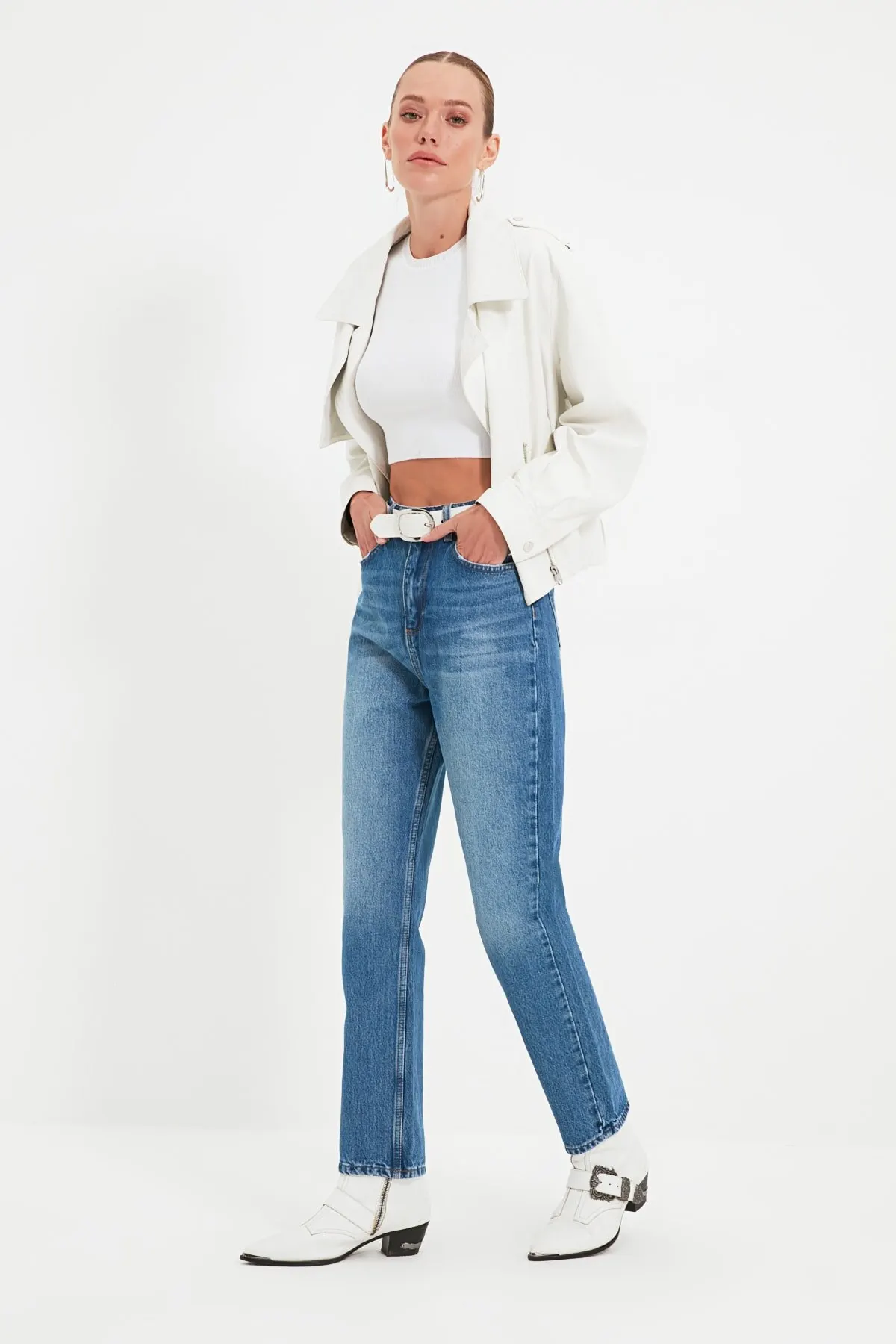 

Women's Jean Blue Tall High Waist Straight Full Length Straight Pant Streetwear Female Buttons Zipper Ladies