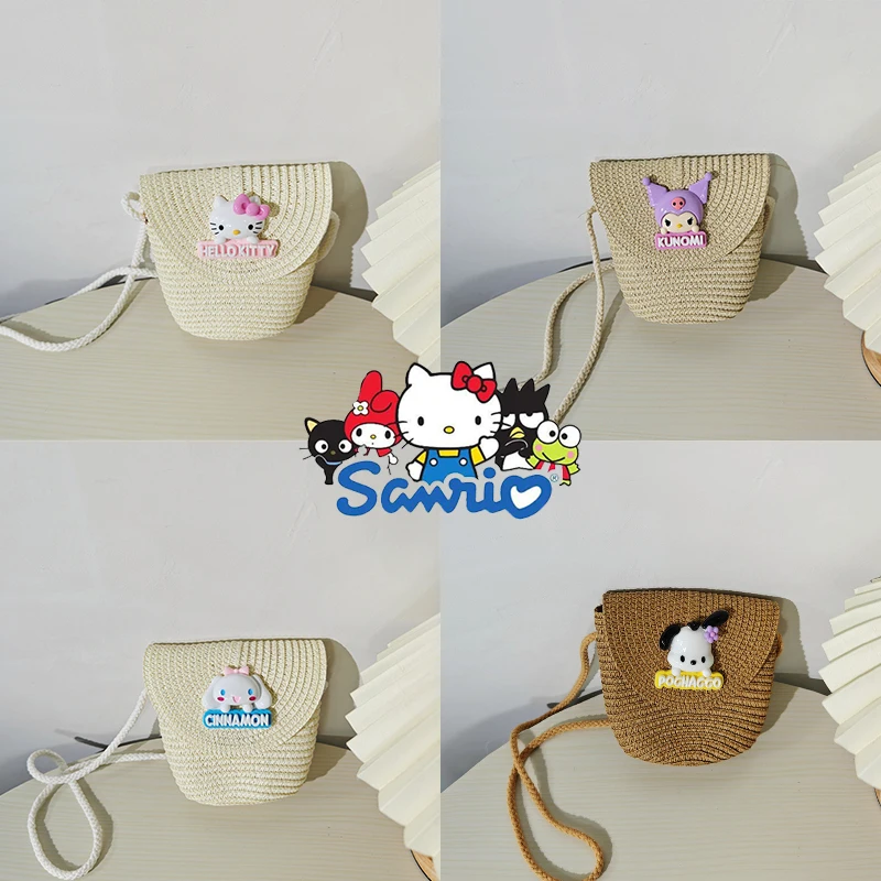 

Sanrio Kawaii Mini Straw Handbag Kuromi Melody Y2K Lolita Hellokitty Woven Bag Casual Outdoor Crossbody Bag Gift for Girl Women