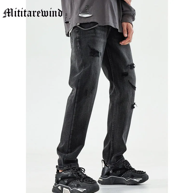 

High Street Ripped Distressed Wash Micro Flare Black Hip Hop Men Pants American Vibe Retro Streetwear Jeans Casual Trousers