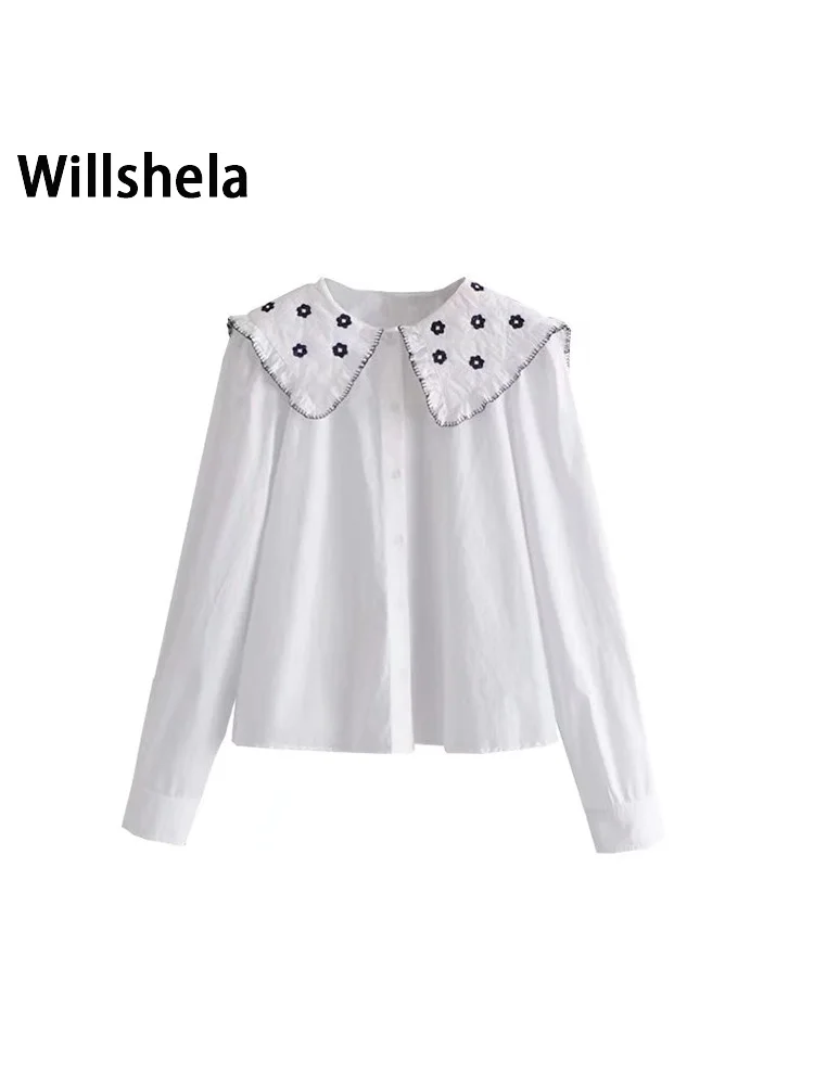 

Willshela Women Fashion Embroidery Single Breasted Blouse Vintage Lapel Neck Long Sleeves Female Chic Lady Shirts