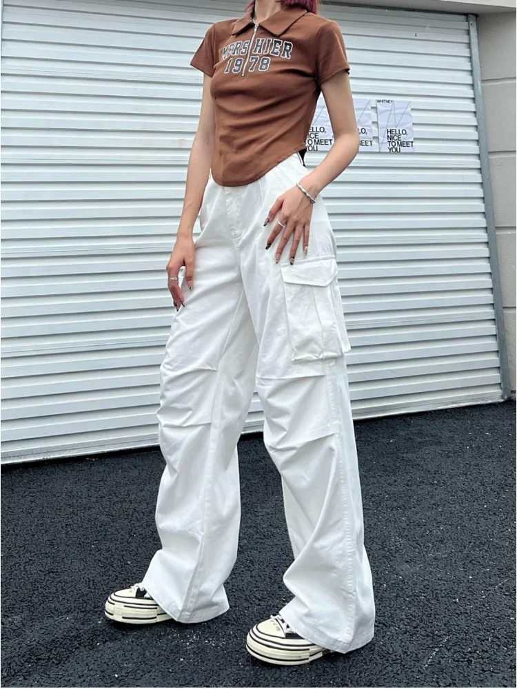 

HOUZHOU White Cargo Pants Women Baggy Vintage Y2k Wide Leg Parachute Trousers Gorpcore Harajuku Hippie Jogger Female Streetwear