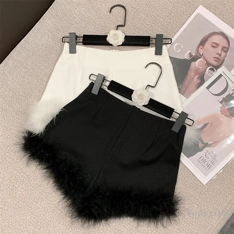 2023 Spring and Summer New Sexy Slim Hip Fashionable Sweet Feather Burr Stitching High Waist Shorts Women White Black
