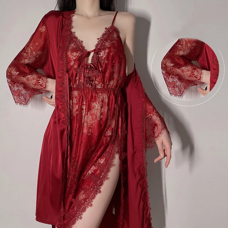 

Women Night Gown Set Cardigan Pajamas Dresses Lace Sexy Lingerie Bride Dress Bath Robe Seethrough Backless Homewear Sleep Lounge