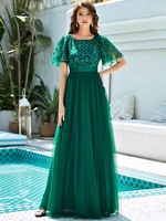 2022 new womens burgundy a line sequin mesh leaf maxi prom dress sparkle evening dresses o neck short sleeve long dress