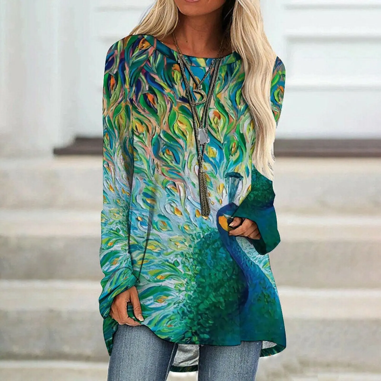 

2022NEW women's European and American loose round neck digital printing peacock and flying crane series T-shirt long sleeve top