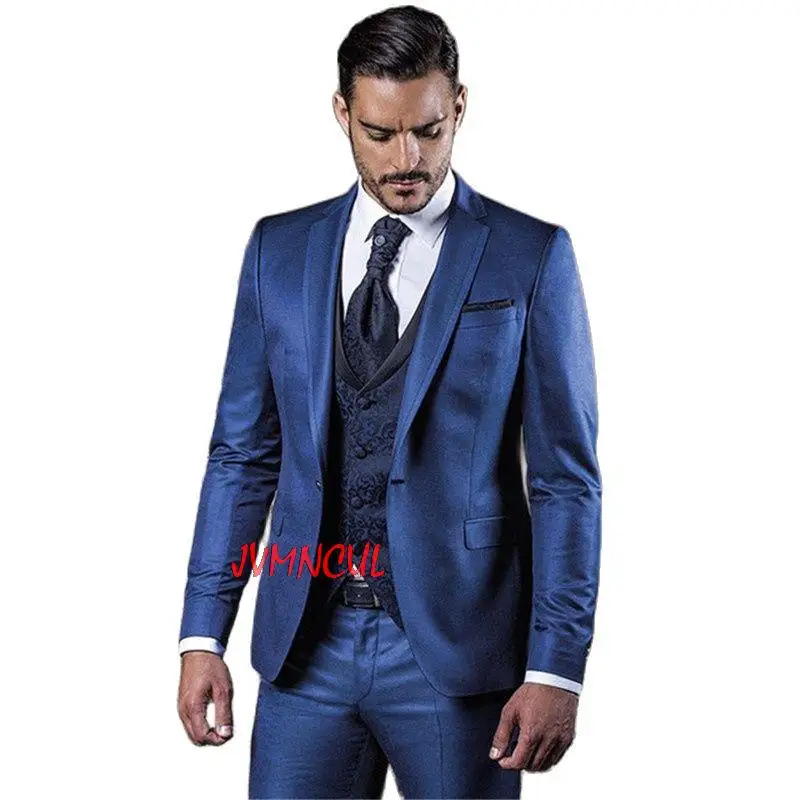 

Custom Made Dark Blue Blazer Trousers Groom Tuxedo Tailor-made Suits Costume Men's Wedding Suit 3Pcs Jacket Pants Patterned Vest