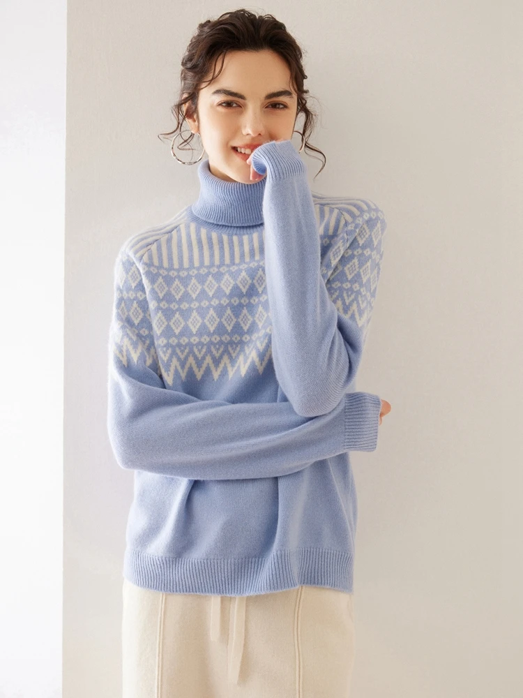 Новые женские пуловеры с высоким воротником жаккардовый кашемировый свитер