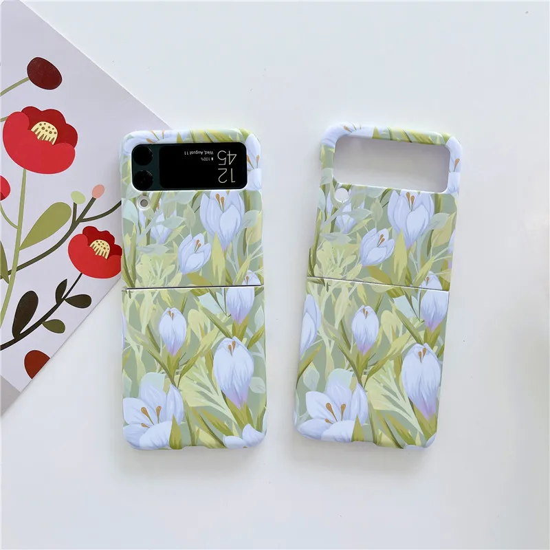 

For Samsung Galaxy Z Flip 3 Case for F7110 Case INS Korean Style Green Tulip Phone Case