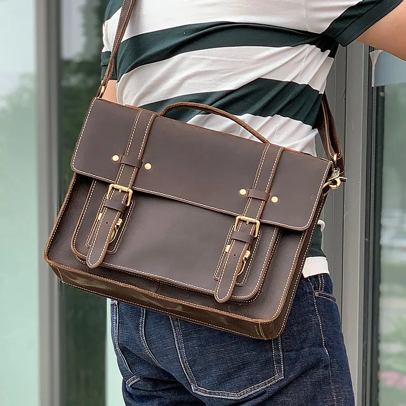 Vintage crazy horse cowhide men's briefcase business travel natural genuine leather designer office work laptop messenger bag